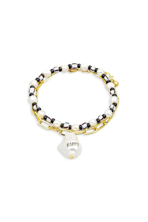 Happy Acrylic Pearl Charm Beaded Bracelet Set