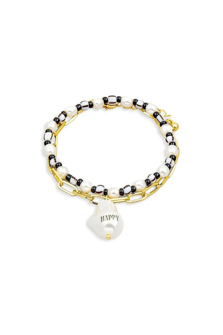Happy Acrylic Pearl Charm Beaded Bracelet Set